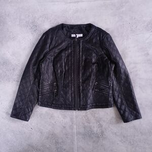 Quilted Faux Leather Jacket - Black - CLEO